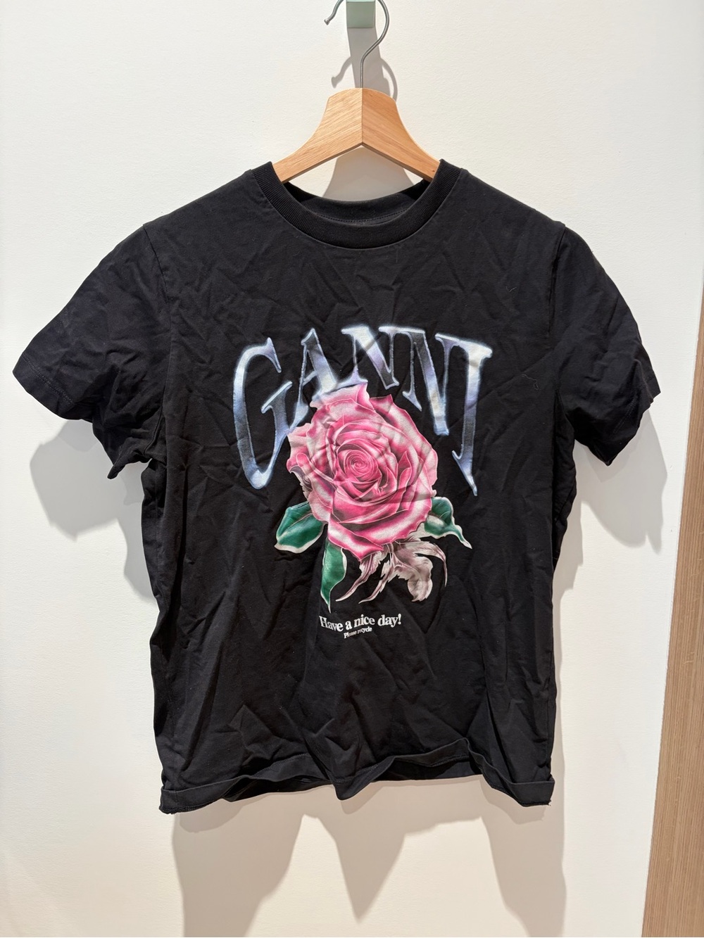 Ganni Black Tee with Pink Rose Graphic